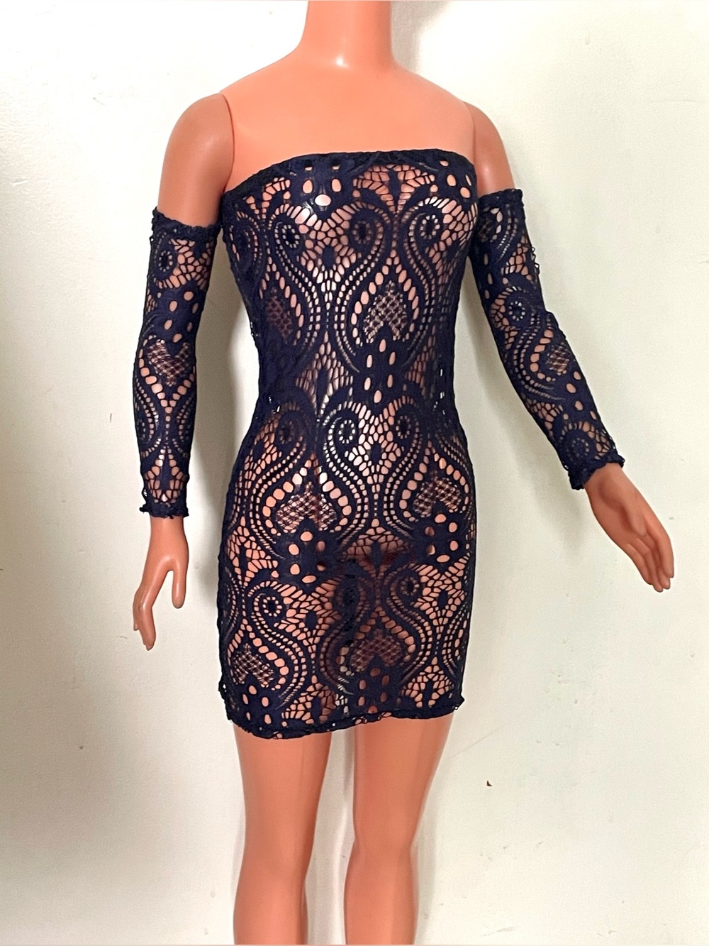 Dark Blue Lace Short Length Dress For My Size Barbie Doll 36".  New. OOAK